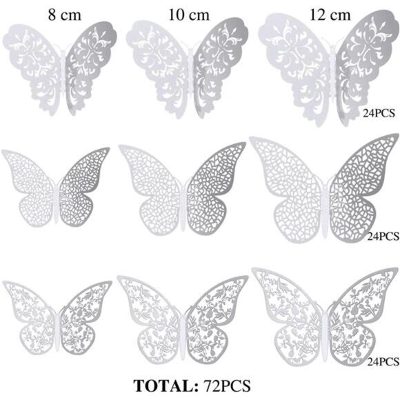 72 Pieces 3D Butterfly Wall Decals Sticker Wall Art Decorations Sticker Silver - Picture 3 of 7